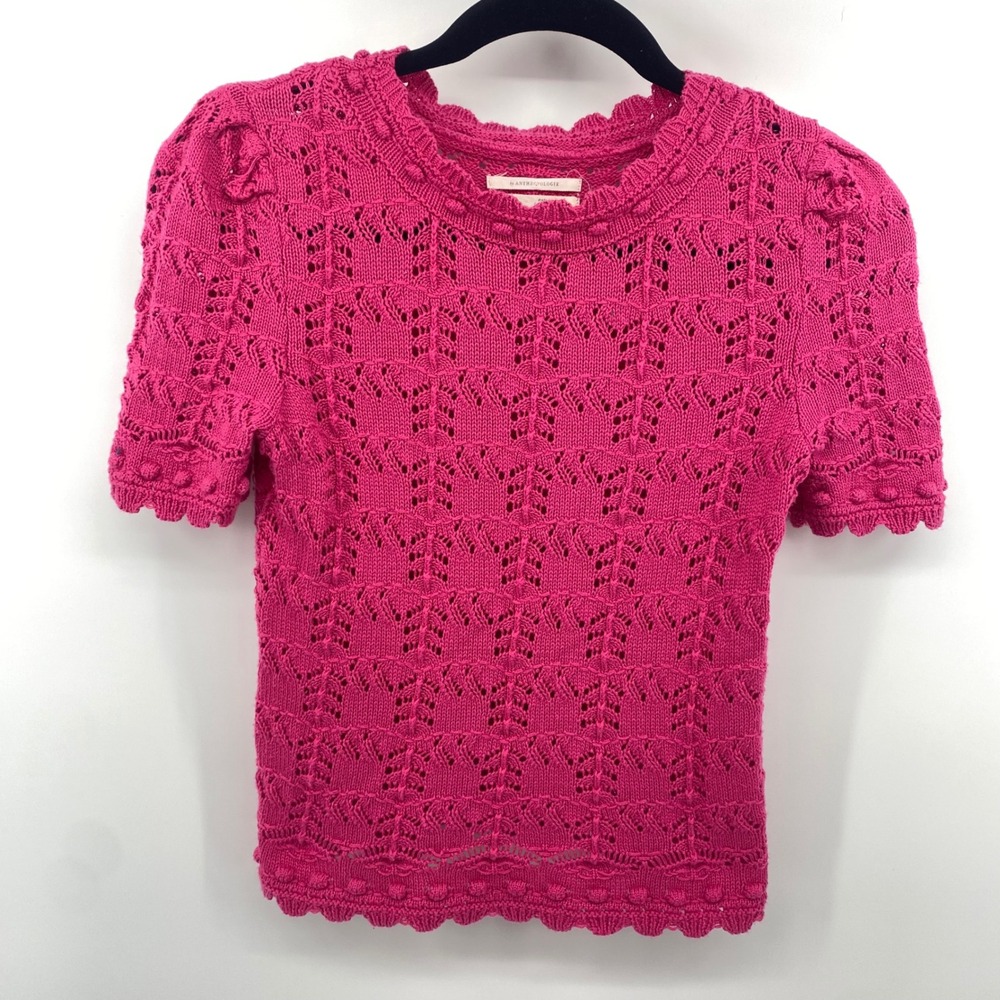 Anthropologie Knit Top Womens XXS Pink Pointelle Scalloped Short Sleeve Sweater